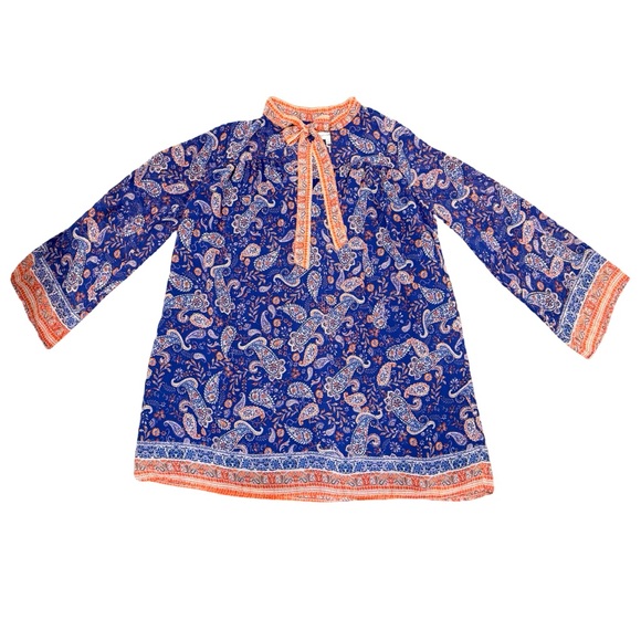 Lost + Wander Blue Paisley Tie-Neck‎ Mini Dress Long Bell Sleeve – Size Small - Picture 9 of 12